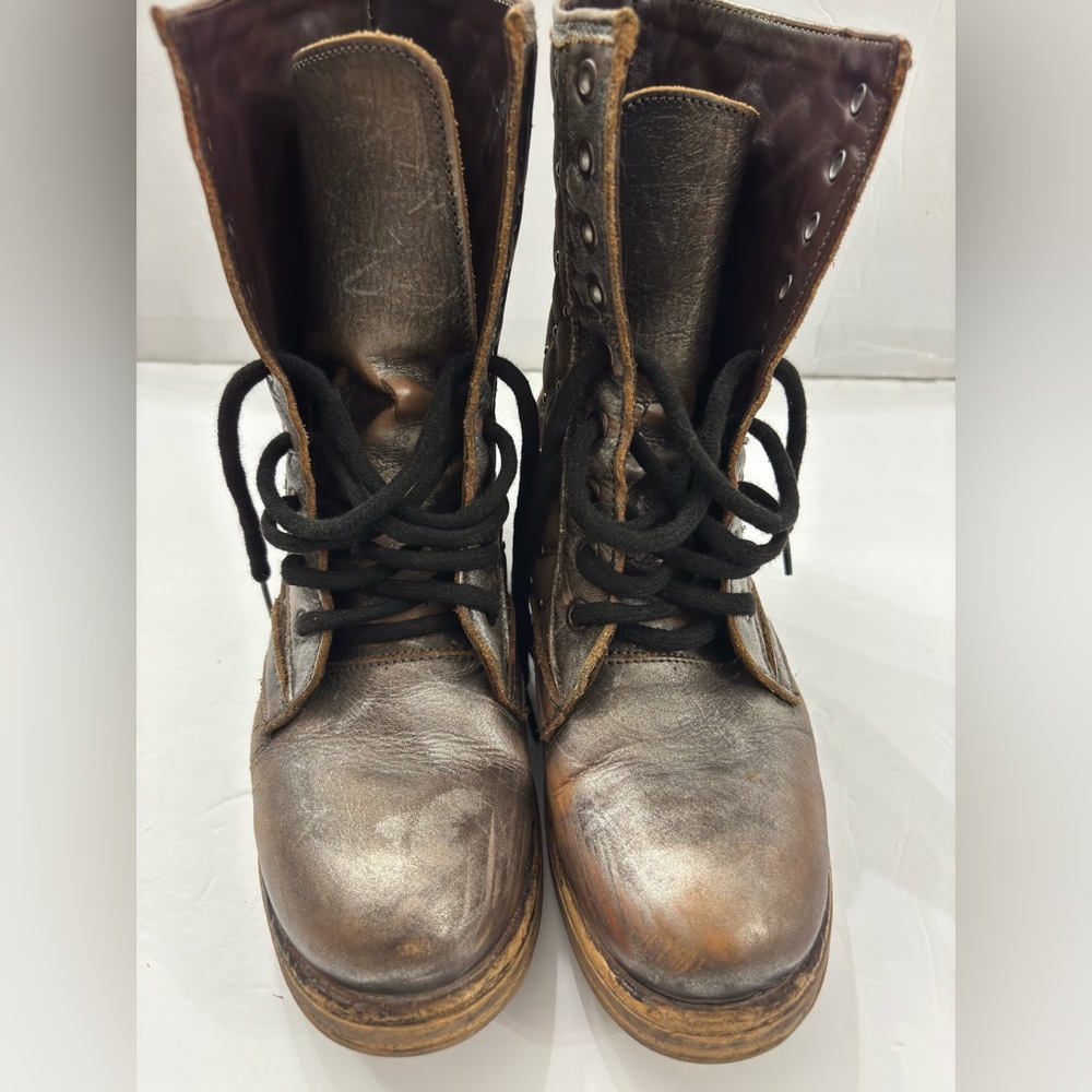 Brown Metallic Quilted Rustic Distressed Studded Lace up Boots Size 38/8 Grunge